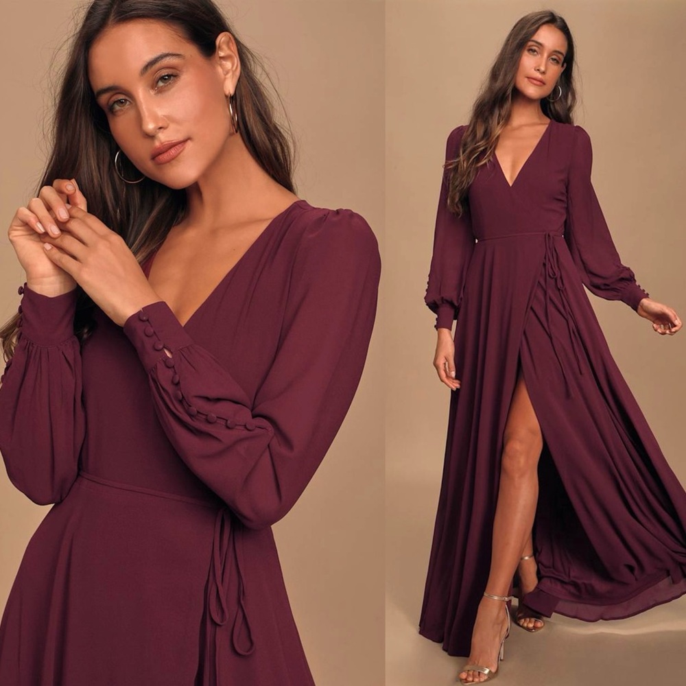 NWT LULUS Burgundy Chiffon Puff Long Sleeve Wrap Tie Waist Wedding Guest Dress L